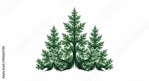 Intricate green fractal trees with ornate roots on white background