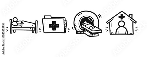 Healthcare icons: hospital, medical records, mri, and clinic illustrations