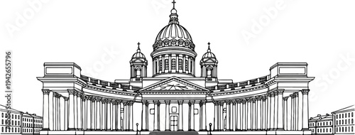 Ornate neoclassical building with dome and colonnade, a detailed line drawing