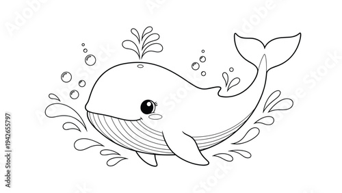 An adorable black and white line art illustration of a happy baby whale splashing in the water, perfect for a children's coloring book page.
