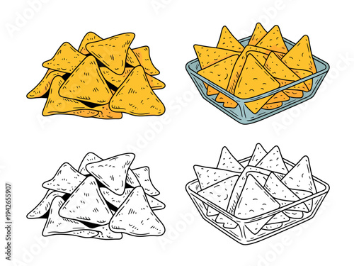 Yellow corn tortilla chips piled and in a clear glass bowl hand drawn style nachos