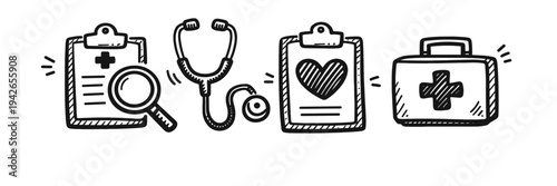 Hand-drawn medical icons: clipboard, stethoscope, heart, first aid box