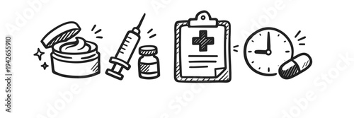 Healthcare illustration featuring ointment, syringe, medical clipboard, clock, and pills