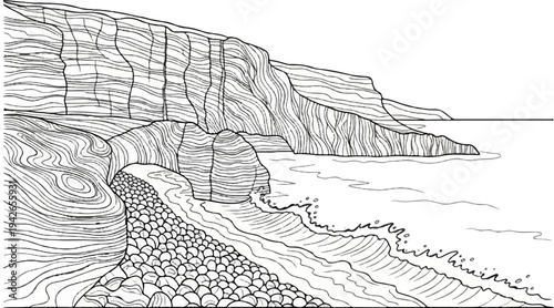 Stacked cliff face meets rocky shore with crashing waves