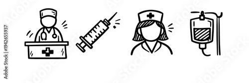 Medical icons: doctor, nurse, syringe, iv drip line drawing