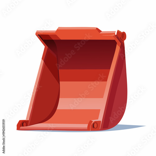 An illustration of a red excavator bucket sits on the ground.