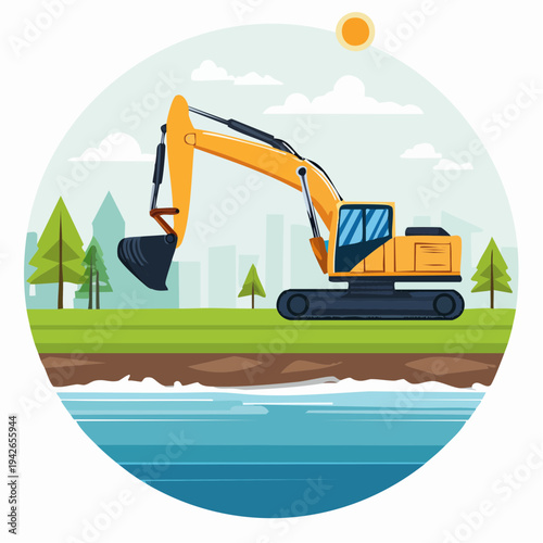 An excavator digs near a serene body of water with trees and a cityscape in the background under a sunny sky.