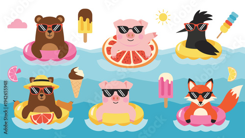 A fun collection of cute cartoon animals, including a bear, pig, and fox, enjoying a summer pool party with sunglasses and inflatable rings.