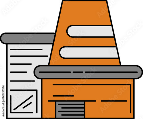 Modern orange filing cabinet with documents and pen