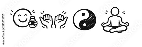 Mindful living icons: smiley face, open hands, yin yang, meditating figure