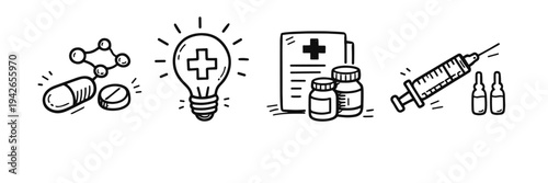 Medical doodle icons: pills, light bulb, medicine bottles, syringe