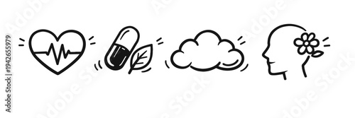 Health and wellness icons: heartbeat, medicine, cloud, mind with flower