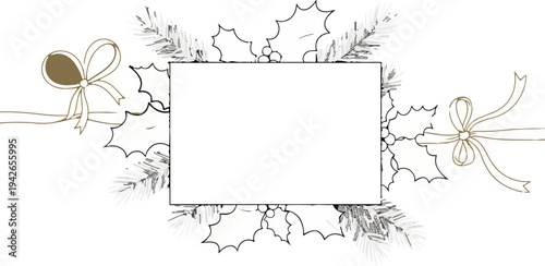 Festive border with holly branches, berries, and ribbons tied in bows