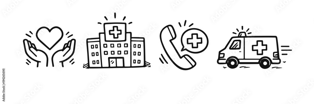 Fototapeta premium Medical icons: hospital, ambulance, hands with heart, emergency phone