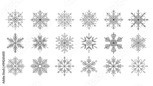 Extensive collection of eighteen unique snowflake designs in black line art style for winter holiday and Christmas decorations.