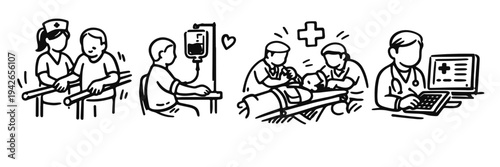 Healthcare scenarios: patients and medical professionals in various treatments and diagnostic settings