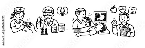 Medical professionals and healthcare activities: nursing, lab testing, diagnosis, nutrition