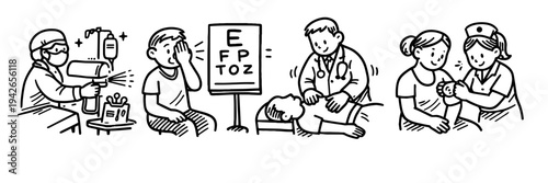 Healthcare professionals performing medical and eye examinations in various settings