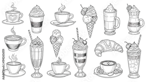 A large collection of hand-drawn cafe items in a vintage engraving style, including coffee cups, cocktails, ice cream, and a croissant.