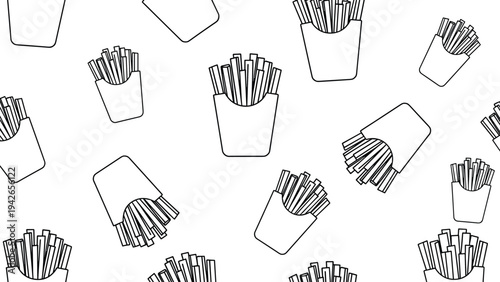 Seamless pattern background featuring multiple boxes of french fries in a simple black and white line art illustration style.