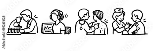Medical examination process illustrated: lab work, heart monitoring, checkup, and vaccination