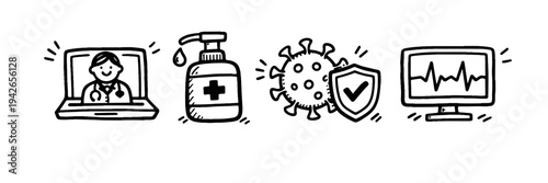 Cartoon icons of doctor on laptop, hand sanitizer, virus protection, and heart monitor