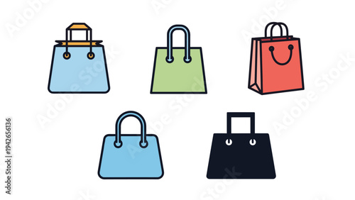 Set of five colorful shopping bag icons in different shapes and styles for retail commerce and store branding design.
