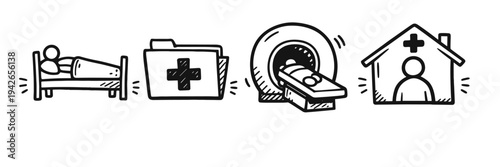 Healthcare icons: patient, medical records, mri scan, hospital