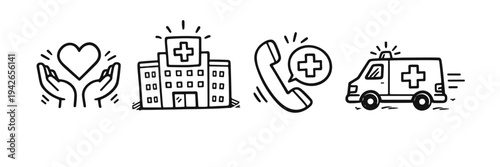Medical icons: hospital, ambulance, hands with heart, emergency phone