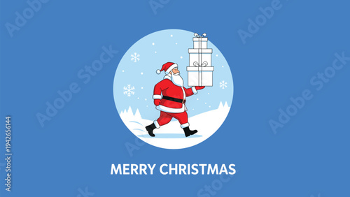 Merry Christmas greeting card design featuring Santa Claus carrying a stack of white gifts through a snowy winter landscape.