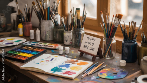 Artist's workspace with paints brushes and art supplies on a wooden desk near a window