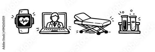 Medical technology icons: smartwatch, telemedicine, examination table, test tubes