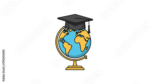 A simple and symbolic illustration of a world globe wearing a black graduation cap, representing concepts like international education and global studies.