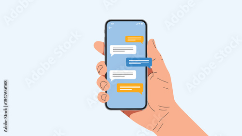 Human hand holding a smartphone displaying a mobile messaging app with colorful chat bubbles for communication and social networking.