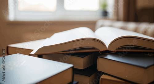 An open book rests on a stack of other books