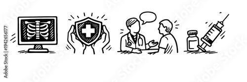 Healthcare icons: x-ray, medical consultation, vaccine, health shield