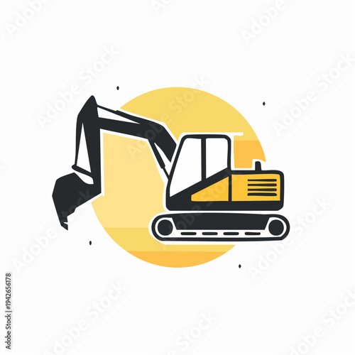 An excavator machine is operating outdoors on a construction site with a yellow circle.