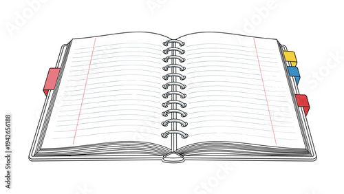 Perspective view of an open ring bound notebook with blank lined pages and colorful divider tabs for planning and organizing.