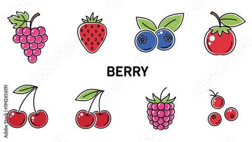 Set of vibrant berry icons including grapes, strawberry, blueberry, and cherry with the text berry centered on a white background.