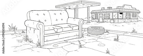 Abandoned roadside diner with a couch and tire in the foreground