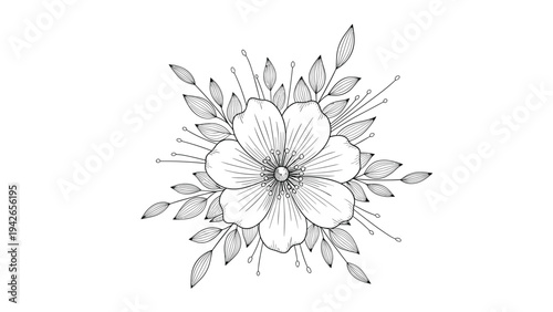 An elegant and detailed hand-drawn flower with surrounding leaves and stamen, created in a beautiful black and white dotwork and line art style.