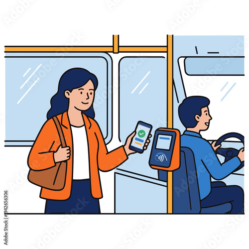 Woman shows payment to bus driver on public transportation vehicle