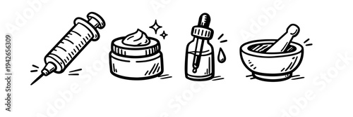 Hand-drawn skincare and beauty tools: syringe, cream, dropper, mortar and pestle