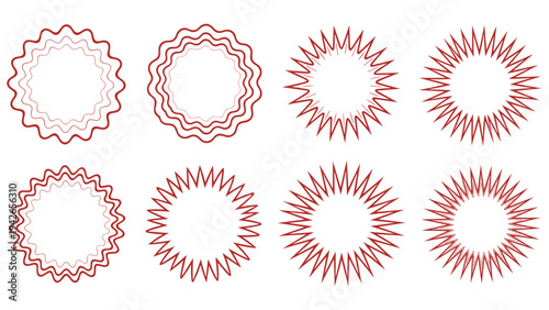 Collection of various red circular badges and seal shapes with wavy and serrated edges for awards, logos, and promotions.