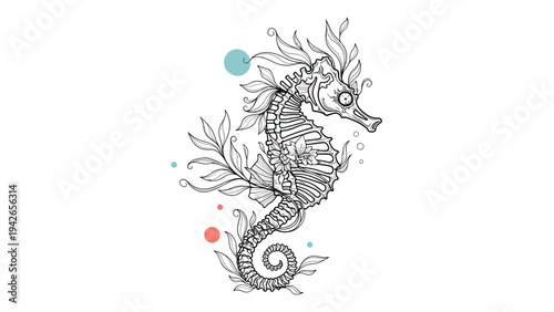 A highly detailed and artistic black and white line drawing of a seahorse intertwined with seaweed, with abstract colored dots for a modern touch.