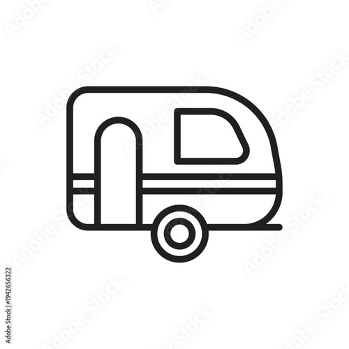 Minimal caravan trailer line icon representing road travel, camping lifestyle and recreational vehicle tourism.