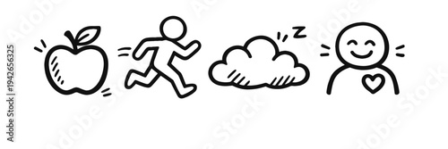 Healthy lifestyle symbols: apple, exercise, sleep, happiness icons