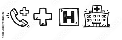 Simple medical icons: emergency phone, hospital, health care facility symbols