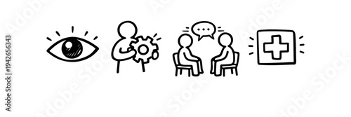 Vision, innovation, collaboration, healthcare icons in black and white illustration