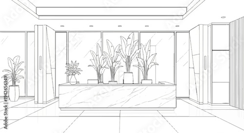Modern reception area with marble desk and potted plants, clean design